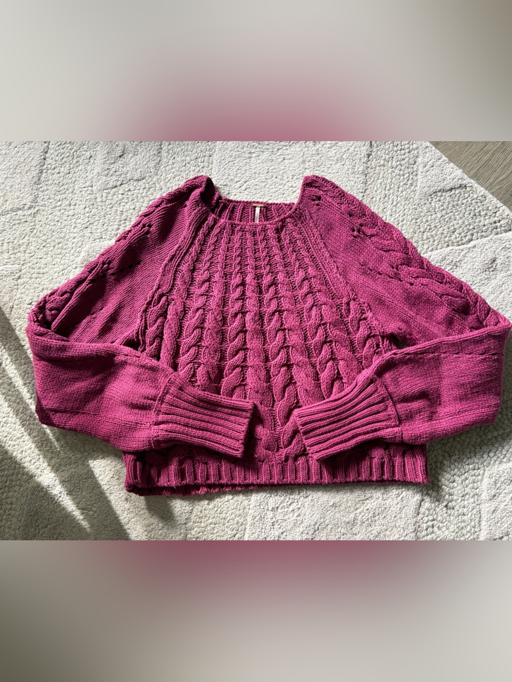 Free People Textured Cable Crewneck Sweater in Deep Berry